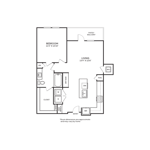 Floor plan for 1 bed, 1 bath, 805 sqft